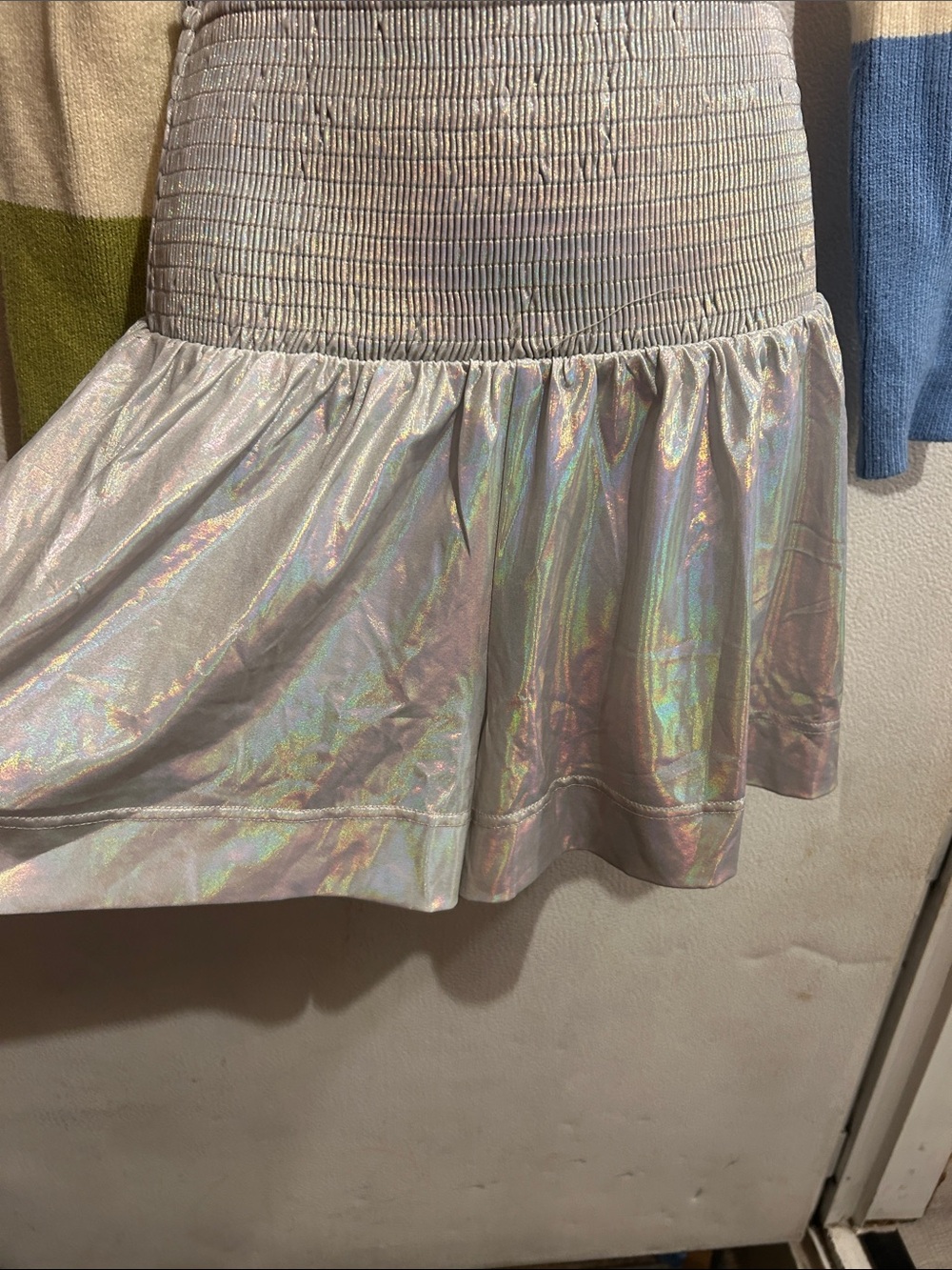 Iridescent Smocked Waist Circle Shorts in Shimmer Silver